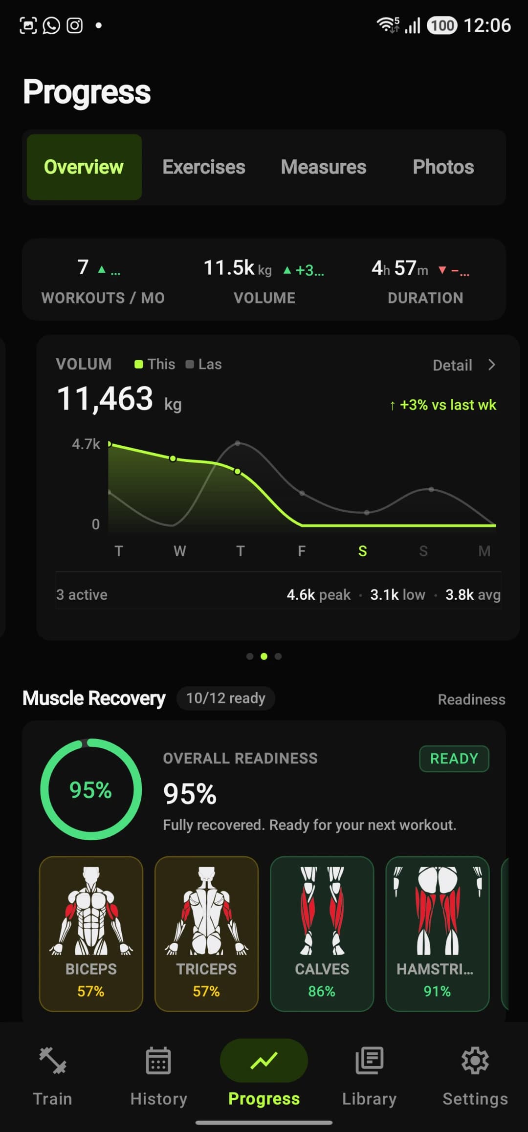Progress overview: weekly volume curve, readiness 95%, and individual muscle recovery cards for biceps, triceps, calves and hamstrings